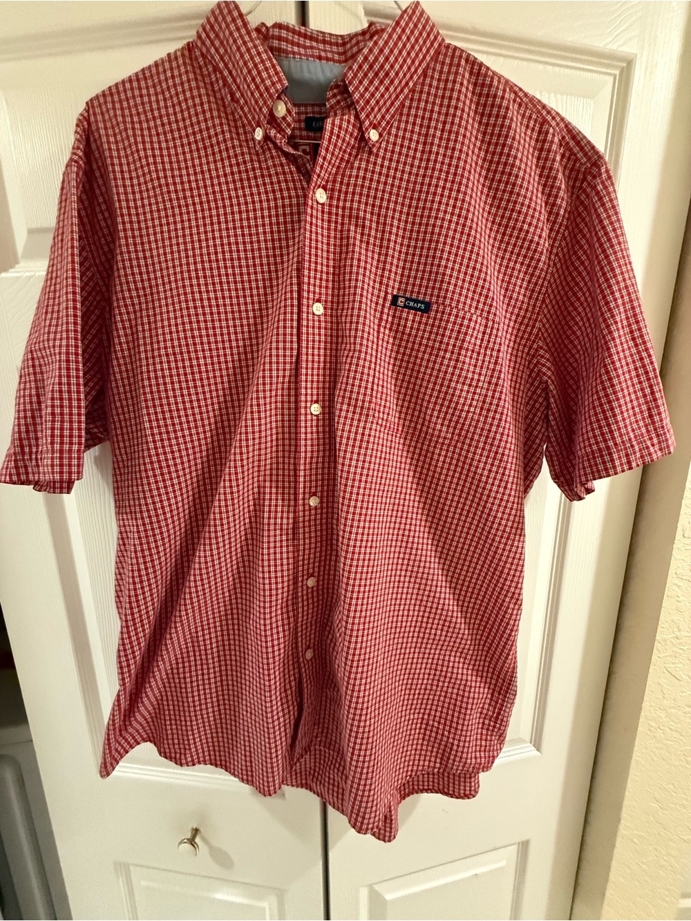 Chaps Red and White Gingham Short-Sleeve Button-Down Shirt